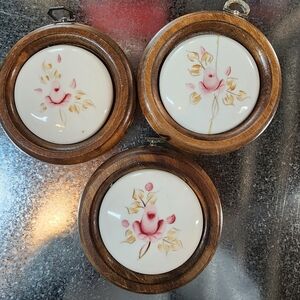 Collectible Rose Hand Painted Porclien Plaques inlayed in Wooden Frames Set of 3